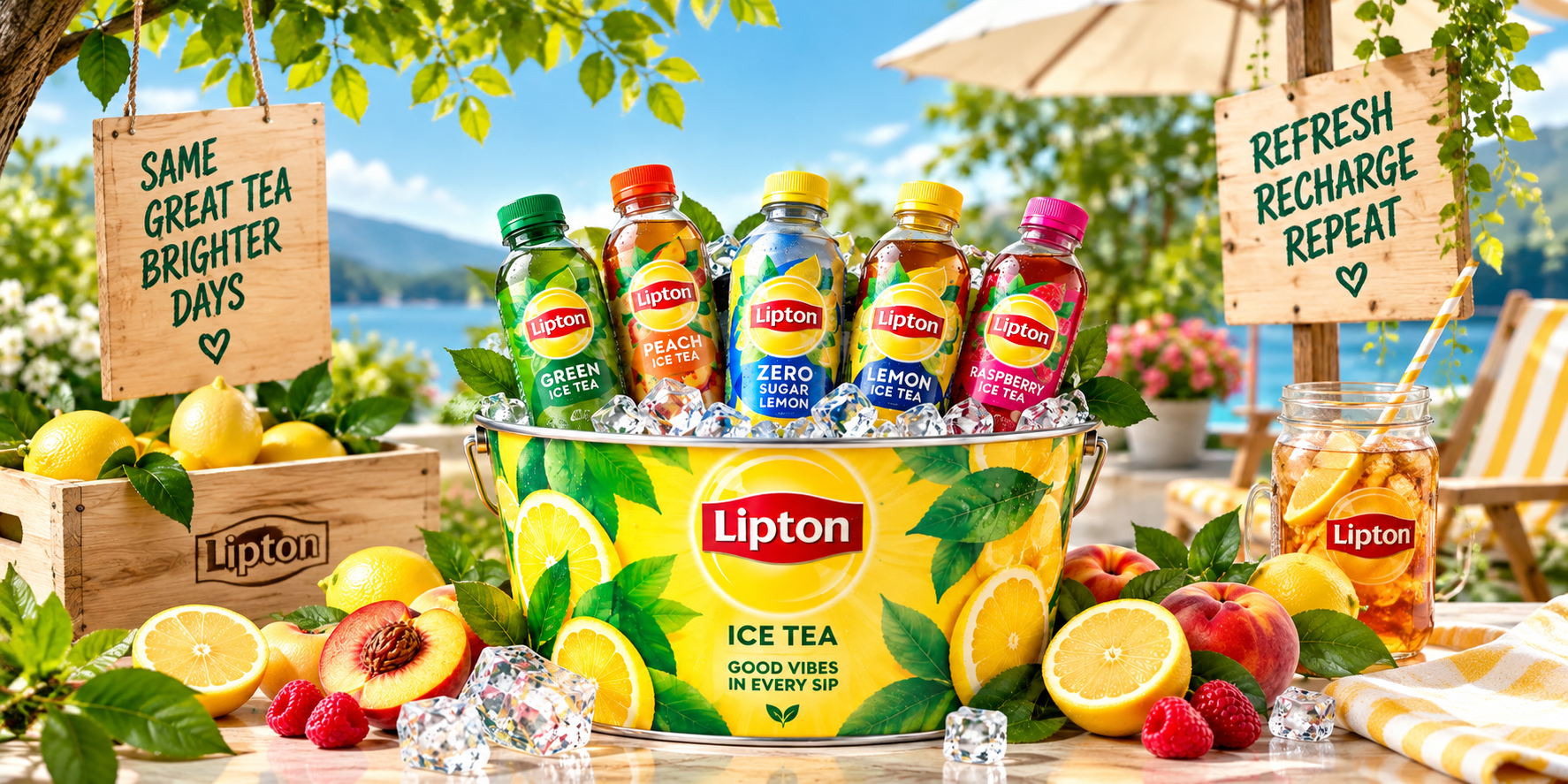 Lipton Ice Tea flessen in een ijsbucket