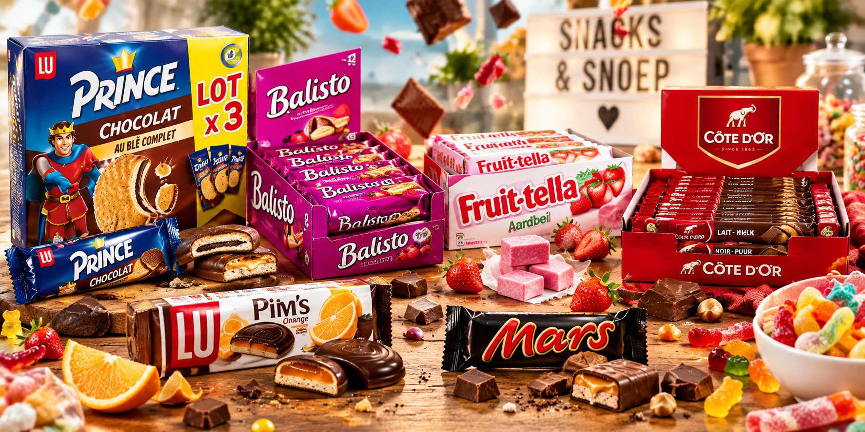Chocolade en snoep: LU Prince, Balisto, Fruit-tella, Côte d'Or, Pim's en Mars