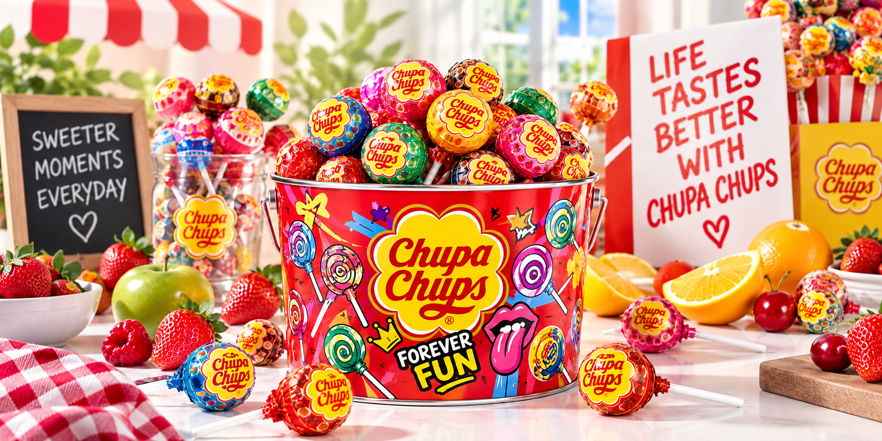Chupa Chups assortiment in een kleurrijke ijsbucket