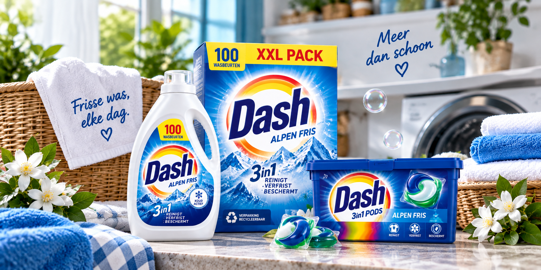 Dash Alpenfris wasmiddel, wascapsules en XXL pack