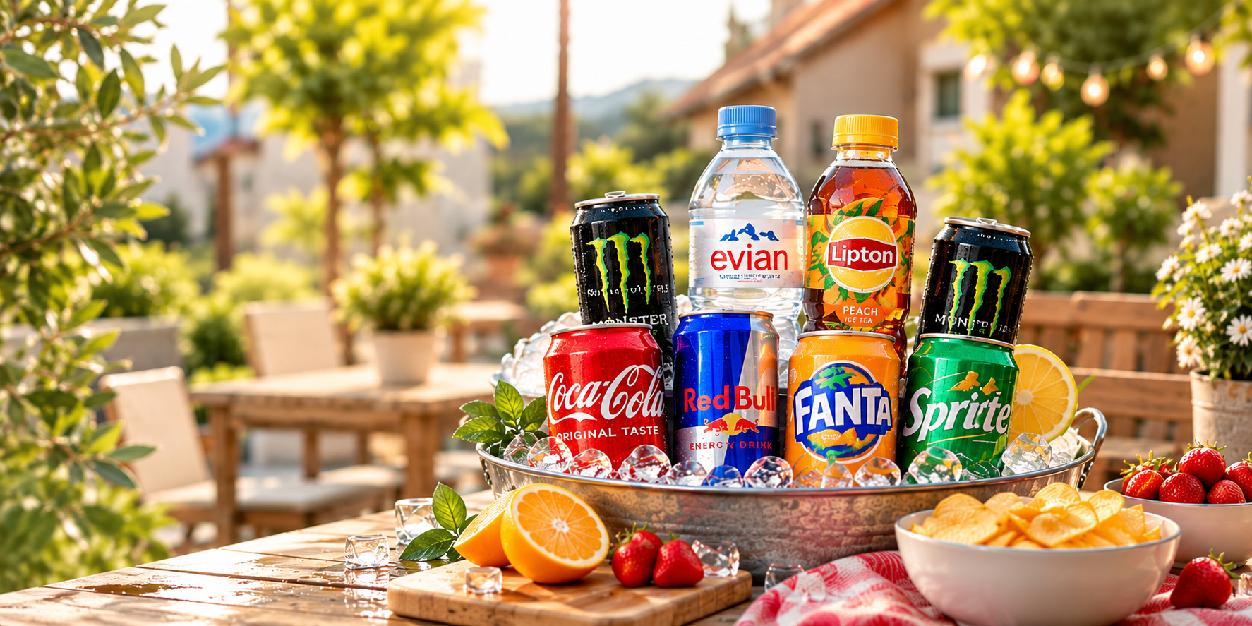 Koele frisdranken, water en energydrinks in een ijsbucket