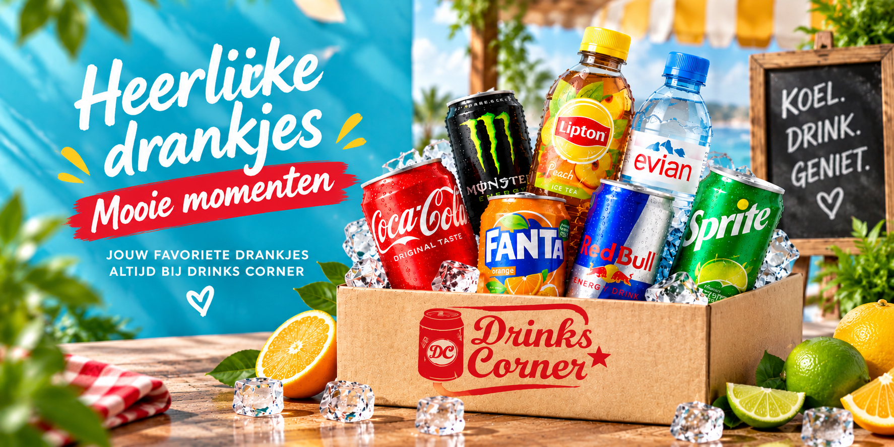 Heerlijke drankjes: Coca-Cola, Monster, Lipton, evian, Fanta, Red Bull en Sprite in de Drinks Corner box